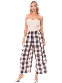 WOMEN'S ELASTIC WAIST FRONT POCKETS PLAID WIDE LEG PANTS