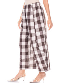 WOMEN'S ELASTIC WAIST FRONT POCKETS PLAID WIDE LEG PANTS