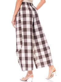 WOMEN'S ELASTIC WAIST FRONT POCKETS PLAID WIDE LEG PANTS