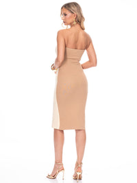 WOMEN'S SLEEVELESS BUTTON DETAILED COLORBLOCK BODYCON TUBE MIDI DRESS