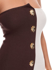 WOMEN'S SLEEVELESS BUTTON DETAILED COLORBLOCK BODYCON TUBE MIDI DRESS