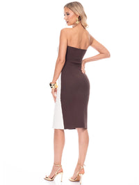 WOMEN'S SLEEVELESS BUTTON DETAILED COLORBLOCK BODYCON TUBE MIDI DRESS