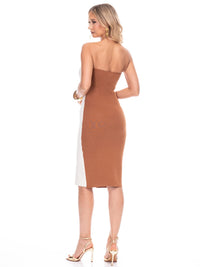 WOMEN'S SLEEVELESS BUTTON DETAILED COLORBLOCK BODYCON TUBE MIDI DRESS