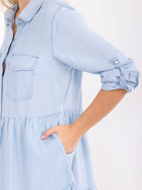 WOMEN'S LONG SLEEVE BUTTON UP FRONT POCKETS TIERED CHAMBRAY MINI DRESS