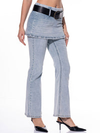 WOMEN'S ZIP UP OVERLAY SKIRT DENIM ONE PIECE BELTED BELL LEG PANTS
