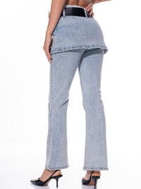 WOMEN'S ZIP UP OVERLAY SKIRT DENIM ONE PIECE BELTED BELL LEG PANTS