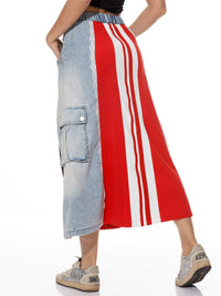 WOMEN'S ELASTIC WAIST SELF TIE POCKETS CONTRAST DENIM MAXI SKIRT