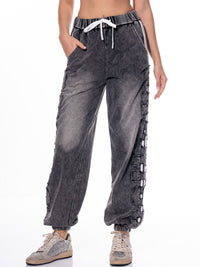 WOMEN'S ELASTIC WAIST FRONT POCKETS WASHED GRAPHIC JOGGER DENIM PANTS