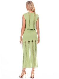 WOMEN'S SLEEVELESS CROP TOP & ELASTIC WAIST MAXI SKIRT DISTRESS DETAILED 2PC. SET