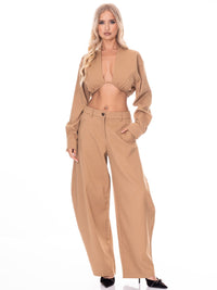 WOMEN'S LONG SLEEVE CROP TOP & BUTTON CLOSURE WIDE LEG PANTS SOLID 2PC. SET