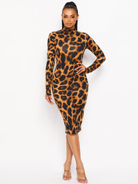 WOMEN'S LONG SLEEVE MOCK NECK BODYCON ANIMAL PRINT MIDI DRESS