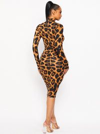 WOMEN'S LONG SLEEVE MOCK NECK BODYCON ANIMAL PRINT MIDI DRESS