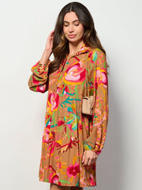 WOMEN'S LONG SLEEVE BUTTON UP TUNIC FLORAL MINI DRESS