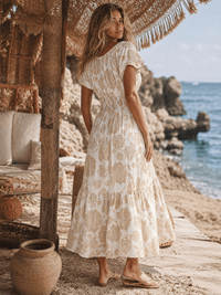 WOMEN'S SHORT PUFF SLEEVE V-NECK FRONT POCKETS SMOCK WAIST MULTI PRINT MAXI DRESS