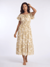 WOMEN'S SHORT PUFF SLEEVE V-NECK FRONT POCKETS SMOCK WAIST MULTI PRINT MAXI DRESS