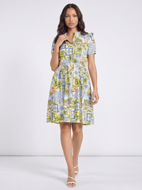 WOMEN'S SHORT SLEEVE V-NECK ELASTIC WAIST FRONT POCKETS MULTI PRINT MINI DRESS