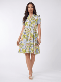 WOMEN'S SHORT SLEEVE V-NECK ELASTIC WAIST FRONT POCKETS MULTI PRINT MINI DRESS