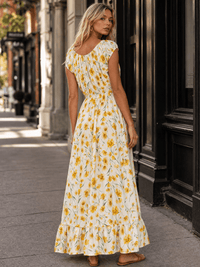 WOMEN'S SHORT SLEEVE ELASTIC WAIST FRONT POCKETS FLORAL MAXI DRESS