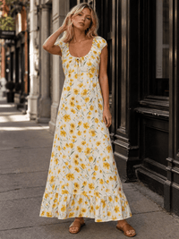 WOMEN'S SHORT SLEEVE ELASTIC WAIST FRONT POCKETS FLORAL MAXI DRESS