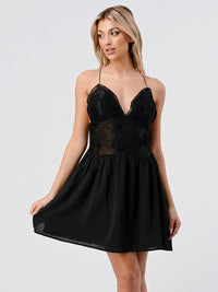 WOMEN'S SLEEVELESS V-NECK OPEN BACK MESH FIT & FLARE MINI DRESS