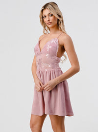 WOMEN'S SLEEVELESS V-NECK OPEN BACK MESH FIT & FLARE MINI DRESS
