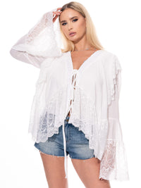 WOMEN'S LONG BELL SLEEVE V-NECK HIGH-LOW LACE BLOUSE