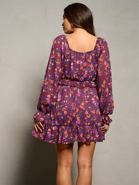 WOMEN'S LONG SLEEVE SQUARE NECK SMOCK FLORAL MINI DRESS