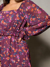 WOMEN'S LONG SLEEVE SQUARE NECK SMOCK FLORAL MINI DRESS