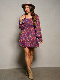 WOMEN'S LONG SLEEVE SQUARE NECK SMOCK FLORAL MINI DRESS