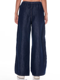 WOMEN'S ELASTIC WAIST SELF TIE POCKETS TRIM DETAILED WIDE LEG DENIM PANTS