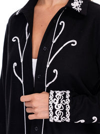 WOMEN'S LONG SLEEVE BUTTON UP EMBROIDERY LINEN TOP