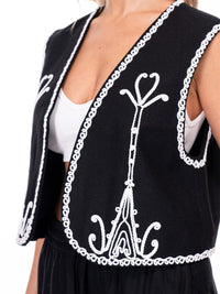 WOMEN'S SLEEVELESS OPEN FRONT EMBROIDERY LINEN VEST