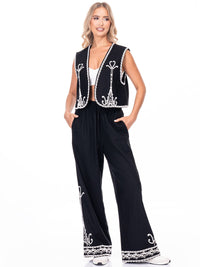 WOMEN'S SLEEVELESS OPEN FRONT EMBROIDERY LINEN VEST