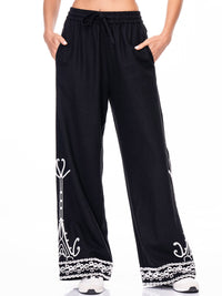 WOMEN'S ELASTIC WAIST FRONT POCKETS EMBROIDERY LINEN PANTS