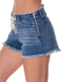 WOMEN'S ZIP UP LACE DETAILED POCKETS RAW EDGE DENIM MINI SHORTS