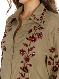 WOMEN'S LONG SLEEVE BUTTON UP EMBROIDERY FLORAL BLOUSE