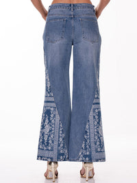 WOMEN'S BUTTON CLOSURE POCKETS WIDE LEG PRINT DENIM PANTS