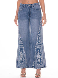 WOMEN'S BUTTON CLOSURE POCKETS WIDE LEG PRINT DENIM PANTS