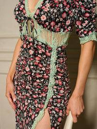WOMEN'S SHORT SLEEVE V-NECK FRONT SLIT FLORAL MIDI DRESS