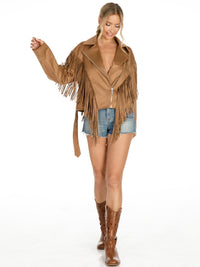 WOMEN'S LONG SLEEVE ZIPPER CLOSURE FRONT POCKETS FRINGE SELF TIE JACKET