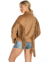 WOMEN'S LONG SLEEVE ZIPPER CLOSURE FRONT POCKETS FRINGE SELF TIE JACKET