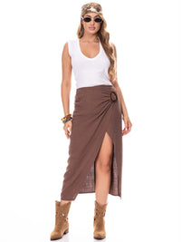 WOMEN'S SIDE SLIT WRAP LINEN MIDI SKIRT