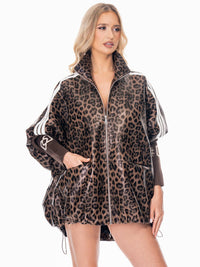 WOMEN'S LONG SLEEVE ZIP UP FRONT POCKETS ANIMAL PRINT PU PLEATHER OVERSIZED JACKET