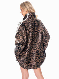 WOMEN'S LONG SLEEVE ZIP UP FRONT POCKETS ANIMAL PRINT PU PLEATHER OVERSIZED JACKET