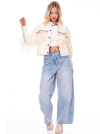 WOMEN'S LONG SLEEVE BUTTON UP FRINGE DETAILED DENIM JACKET