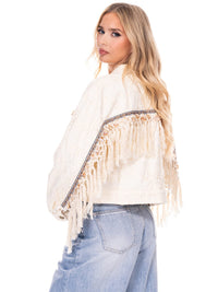 WOMEN'S LONG SLEEVE BUTTON UP FRINGE DETAILED DENIM JACKET