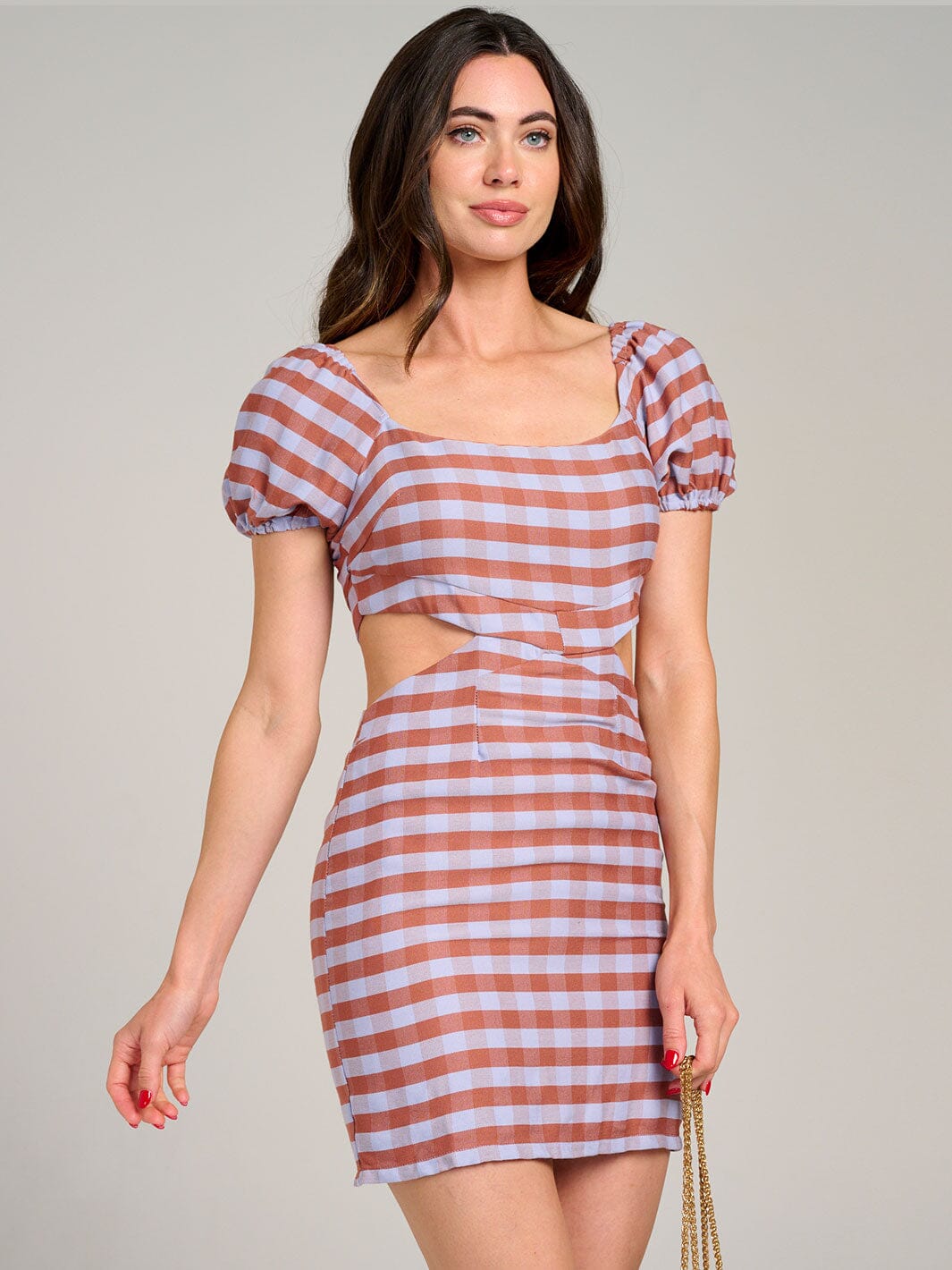 WOMEN'S SHORT SLEEVE CUT OUT COLORBLOCK STRIPES BODYCON MINI DRESS RUST / 3S-2M-1L