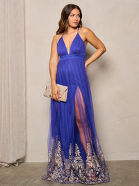 WOMEN'S SLEEVELESS V-NECK MESH DETAILED MAXI DRESS