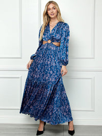 WOMEN'S LONG SLEEVE V-NECK CUT OUT FLORAL MAXI DRESS