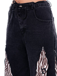 WOMEN'S BUTTON CLOSURE POCKETS WIDE LEG PRINT DENIM PANTS